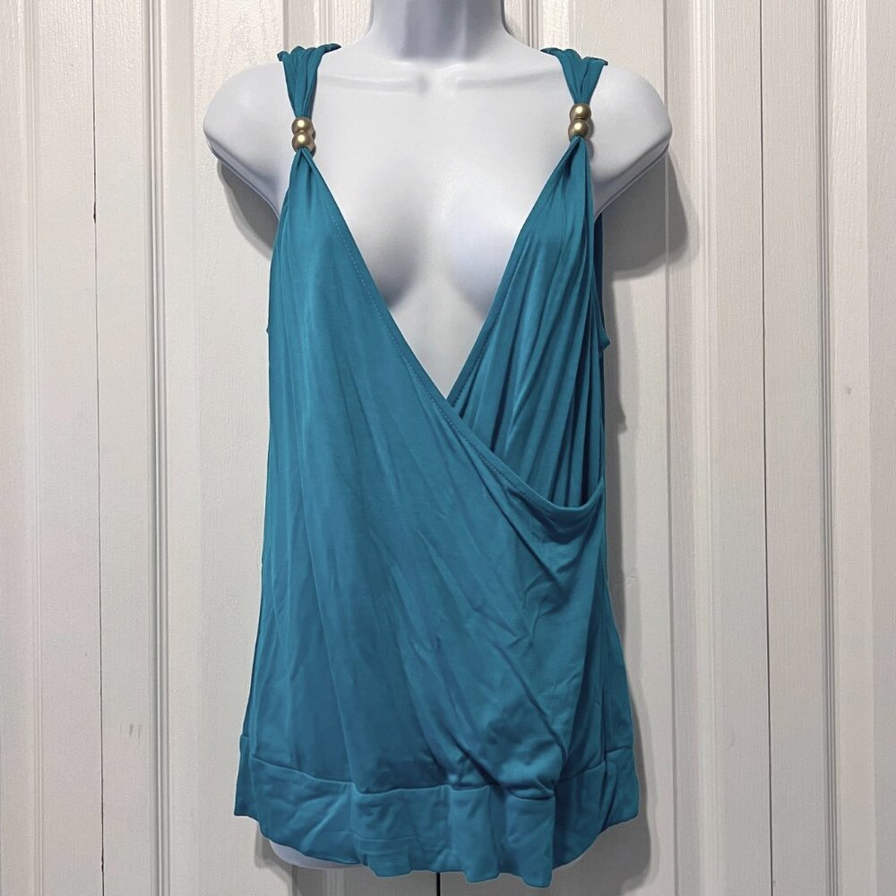 Lascana Aqua Sleeveless Top W/Gold Large Beads-Crossover Front-Loose-Med-Summer